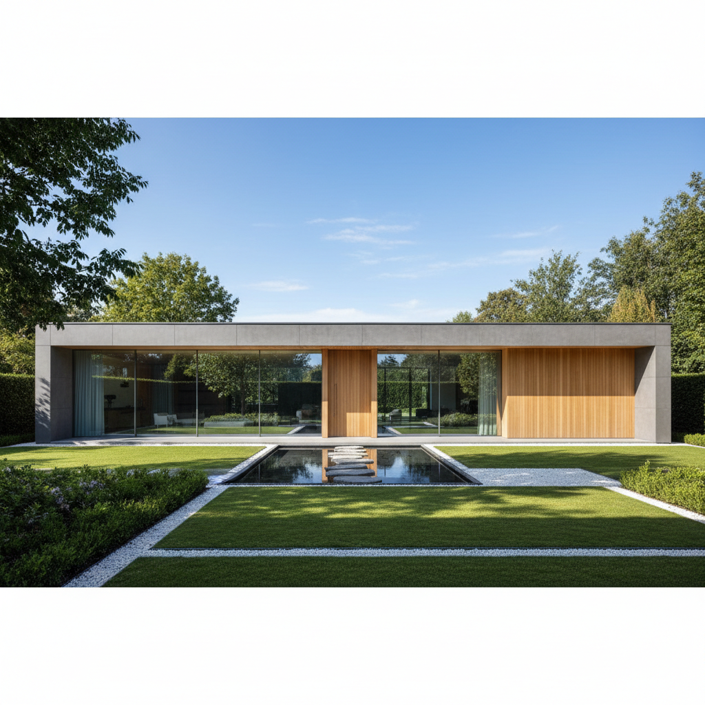 Elegancki, nowoczesny dom o prostej, prostokątnej bryle z dużymi przeszkleniami. Budynek jest otoczony zadbanym ogrodem, a jego minimalistyczna forma emanuje spokojem i stabilnością. Fotografia wykonana w słoneczny dzień, podkreślająca harmonię architektury z otoczeniem.