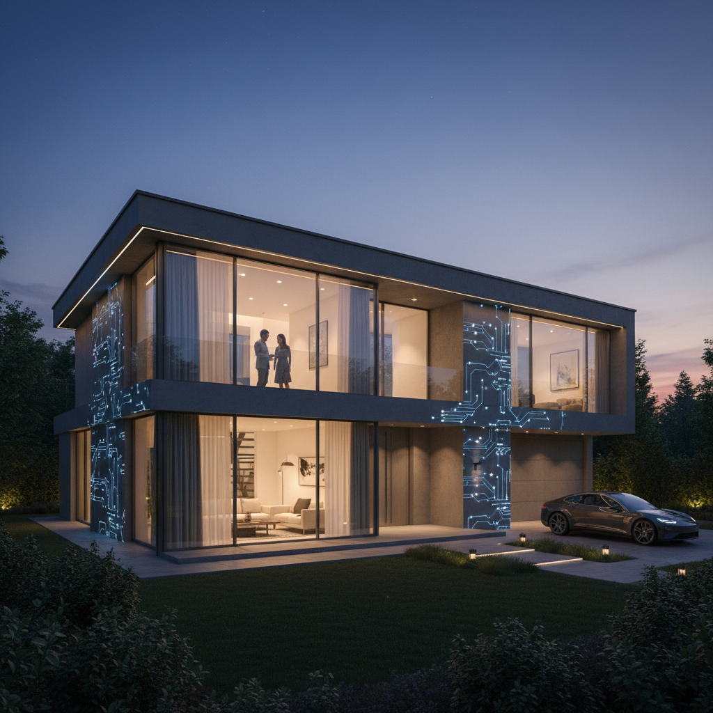 Elegancki, nowoczesny dom o zmierzchu. Wnętrze jest subtelnie oświetlone, a przez duże okna widać zarys mieszkańców. Z zewnątrz, od elewacji, biegną delikatne, świetliste linie danych, symbolizujące niewidzialną sieć inteligentnej instalacji, która łączy dom z przyszłością i zapewnia komfort jego domownikom.