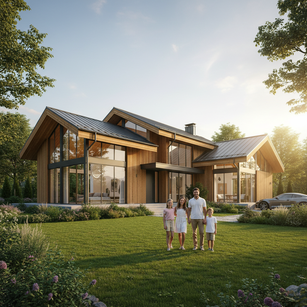 Nowoczesny dom jednorodzinny z dużymi przeszkleniami i drewnianą elewacją, otoczony zadbanym ogrodem. Przed domem stoi uśmiechnięta, szczęśliwa rodzina z dwójką dzieci. Słońce świeci, tworząc ciepłą, idylliczną atmosferę. Dom wygląda na spersonalizowany i dopasowany do potrzeb mieszkańców.