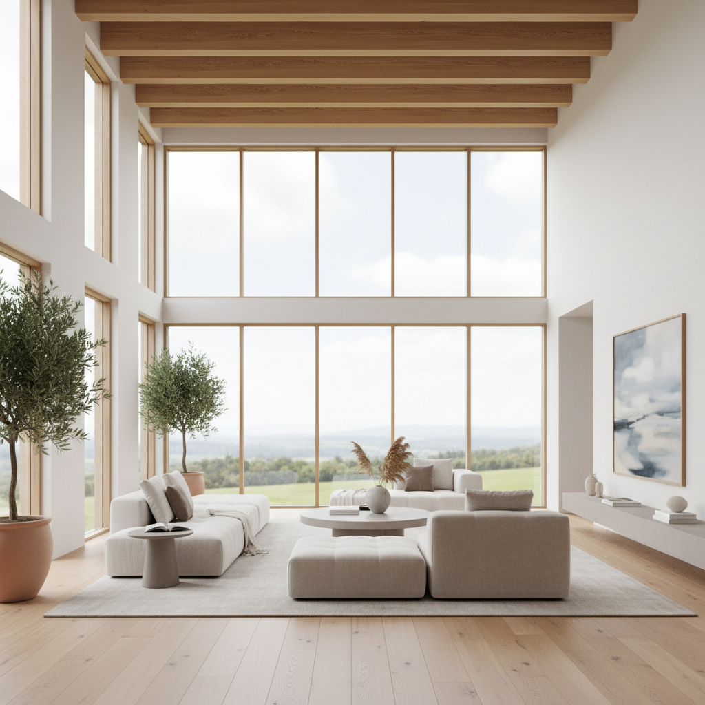 Nowoczesny, jasny salon z wysokim stropem, którego konstrukcja z jasnego drewna jest częściowo widoczna, tworząc ciepły i elegancki design. Duże okna wpuszczają mnóstwo naturalnego światła, oświetlając minimalistyczne meble.