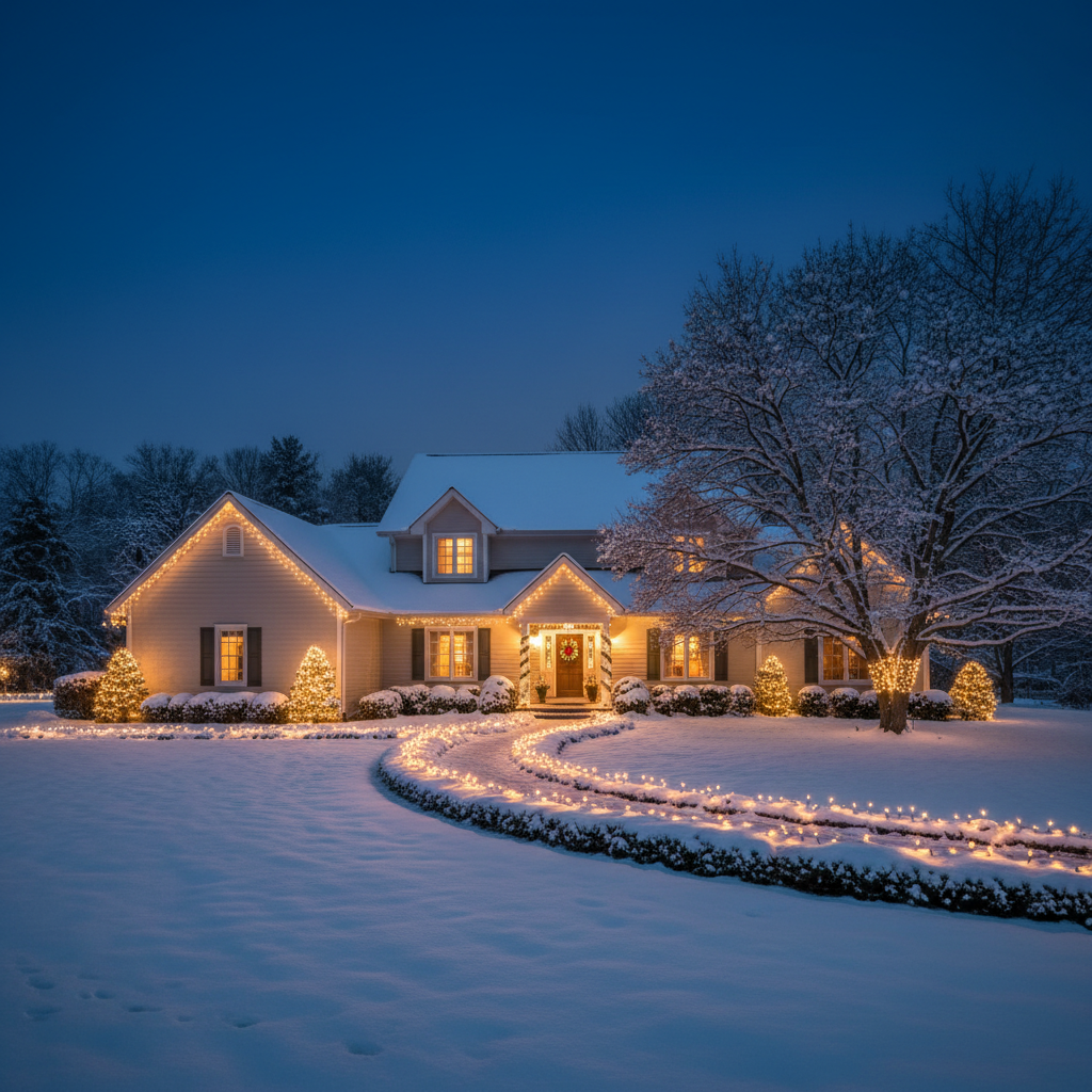 Szeroki kadr przedstawiający piękny, klasyczny dom jednorodzinny po zmroku, pokryty świeżym śniegiem. Elewacja i ogród są subtelnie ozdobione ciepłym, białym oświetleniem świątecznym, które podkreśla architekturę budynku i kluczowe elementy ogrodu, takie jak duże drzewo i ścieżka do drzwi wejściowych. Niebo ma głęboki, granatowy odcień, a z okien domu bije przytulne światło.