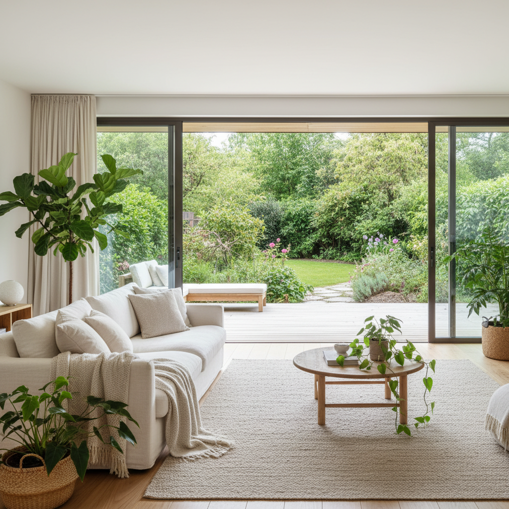 Jasne, przytulne wnętrze salonu z dużymi, panoramicznymi oknami otwartymi na drewniany taras i zielony ogród. Wnętrze jest minimalistyczne, ale ciepłe, z wygodną kanapą i kilkoma roślinami. Granica między wnętrzem a zewnętrzem jest niemal niewidoczna, co tworzy wrażenie ogromnej przestrzeni.