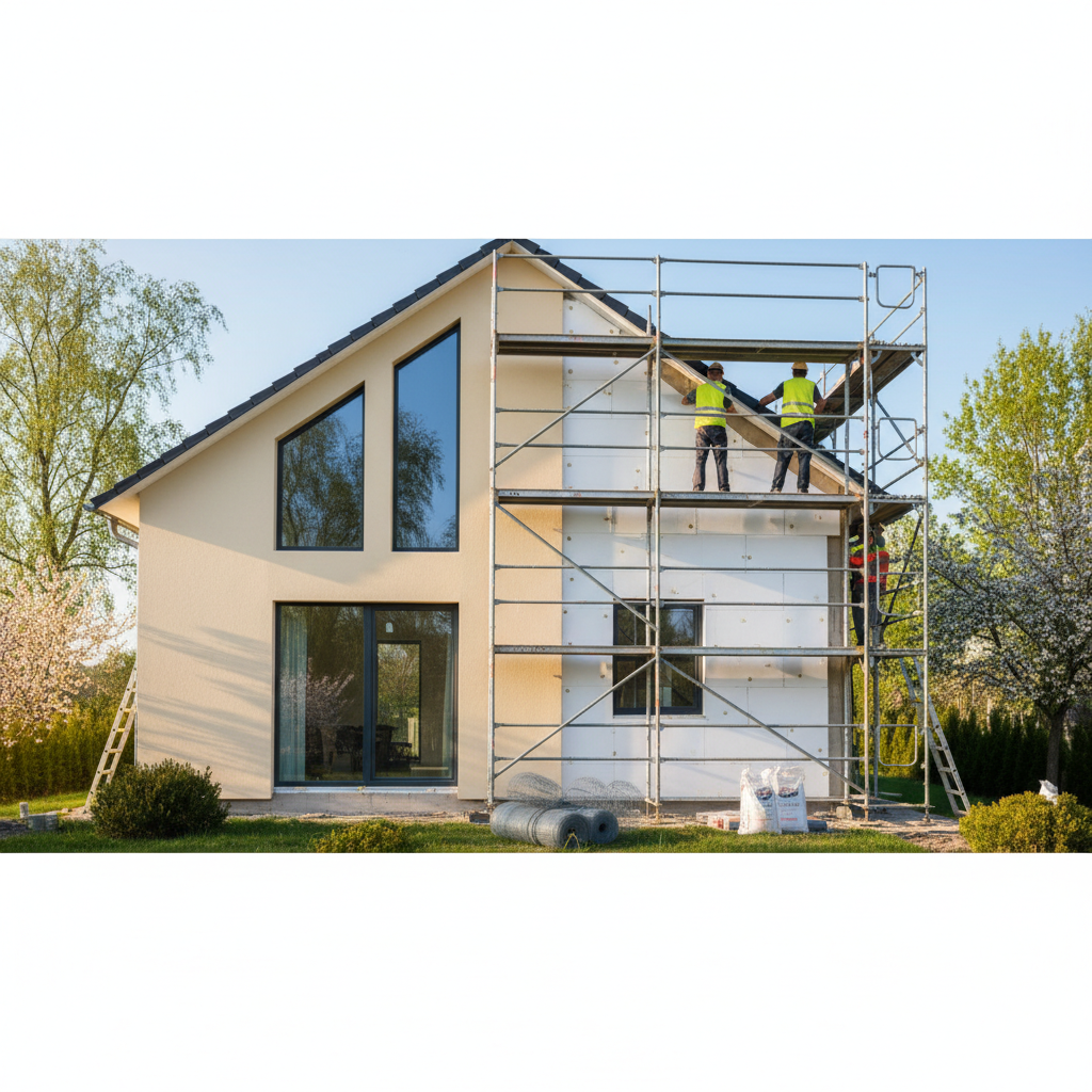Estetyczny, nowoczesny dom jednorodzinny z częściowo widoczną, nową, jasną elewacją. Jedna ze ścian jest w trakcie prac, widać na niej rusztowanie i fragmenty montowanej warstwy izolacyjnej. Słoneczny dzień, ciepłe, zachęcające oświetlenie. Zdjęcie ma pokazywać proces i efekt końcowy, budząc pozytywne skojarzenia z modernizacją.