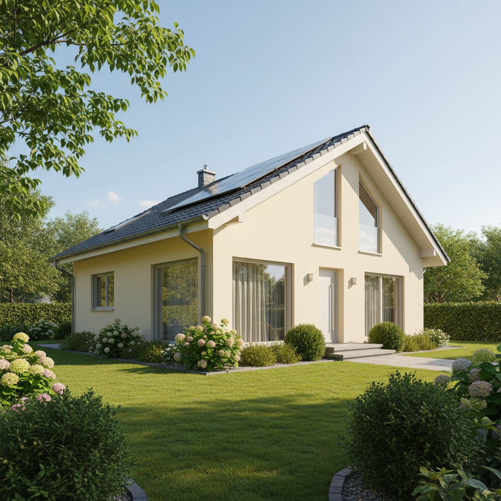 Słoneczny dzień, piękny, nowoczesny dom jednorodzinny z jasną, nowo ocieploną elewacją i dużymi oknami. Wokół zadbany ogród. Zdjęcie ma ciepłą, pozytywną atmosferę, symbolizującą komfort i oszczędność po termomodernizacji.