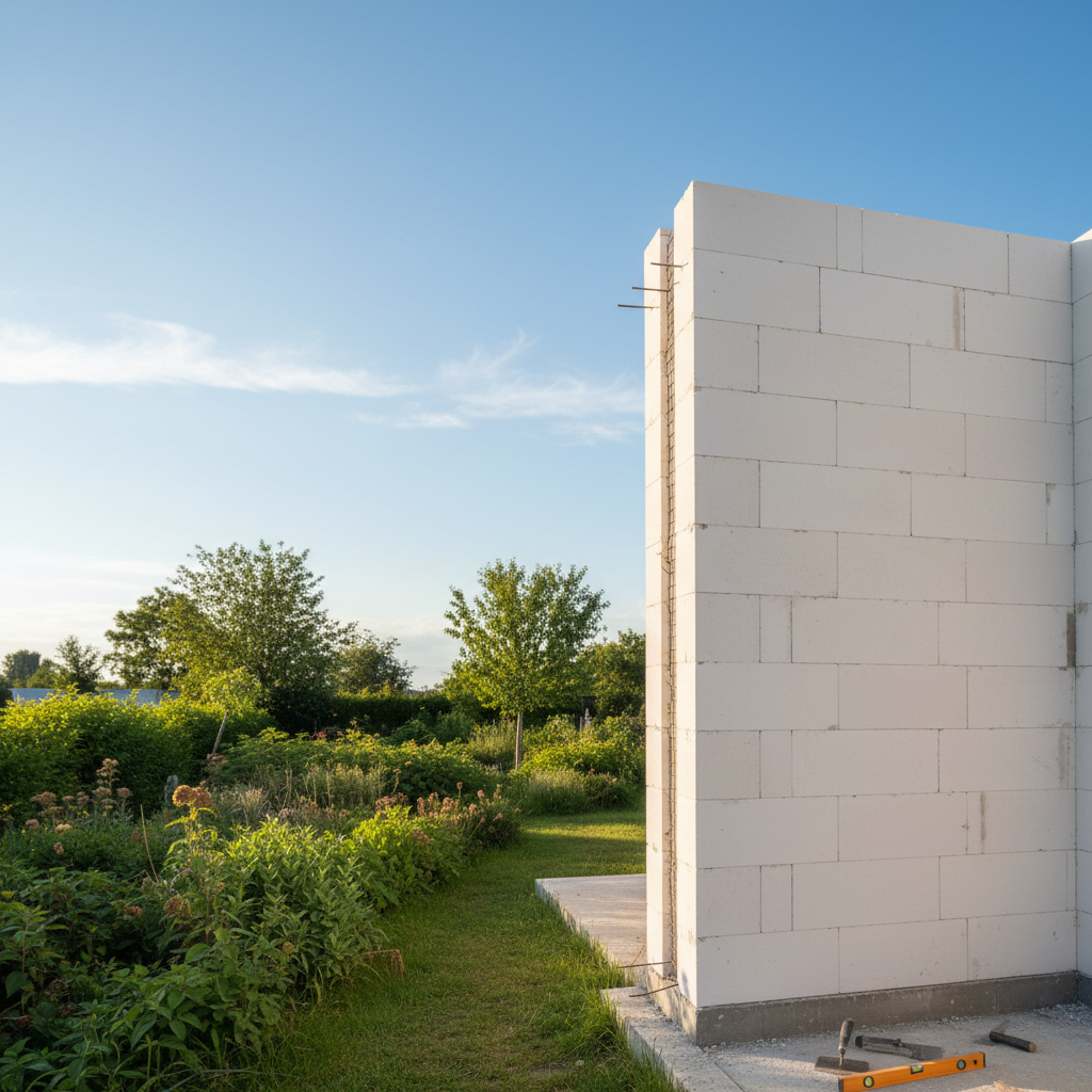 Panoramiczny widok na plac budowy domu jednorodzinnego w słoneczny dzień. Na pierwszym planie widać początkowy etap budowy nowoczesnego domu. Cały teren jest starannie ogrodzony czystym, profesjonalnym ogrodzeniem tymczasowym (ażurowymi panelami). Scena ma budzić poczucie porządku, bezpieczeństwa i postępu prac.