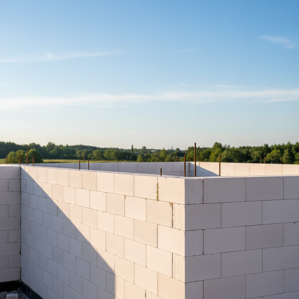 Nowoczesny, minimalistyczny dom jednorodzinny w zaawansowanym etapie budowy, z widocznymi elementami konstrukcyjnymi. Słoneczny dzień, błękitne niebo, ciepłe oświetlenie. Estetyka premium, sugerująca inwestycję w jakość i przyszłą wartość.