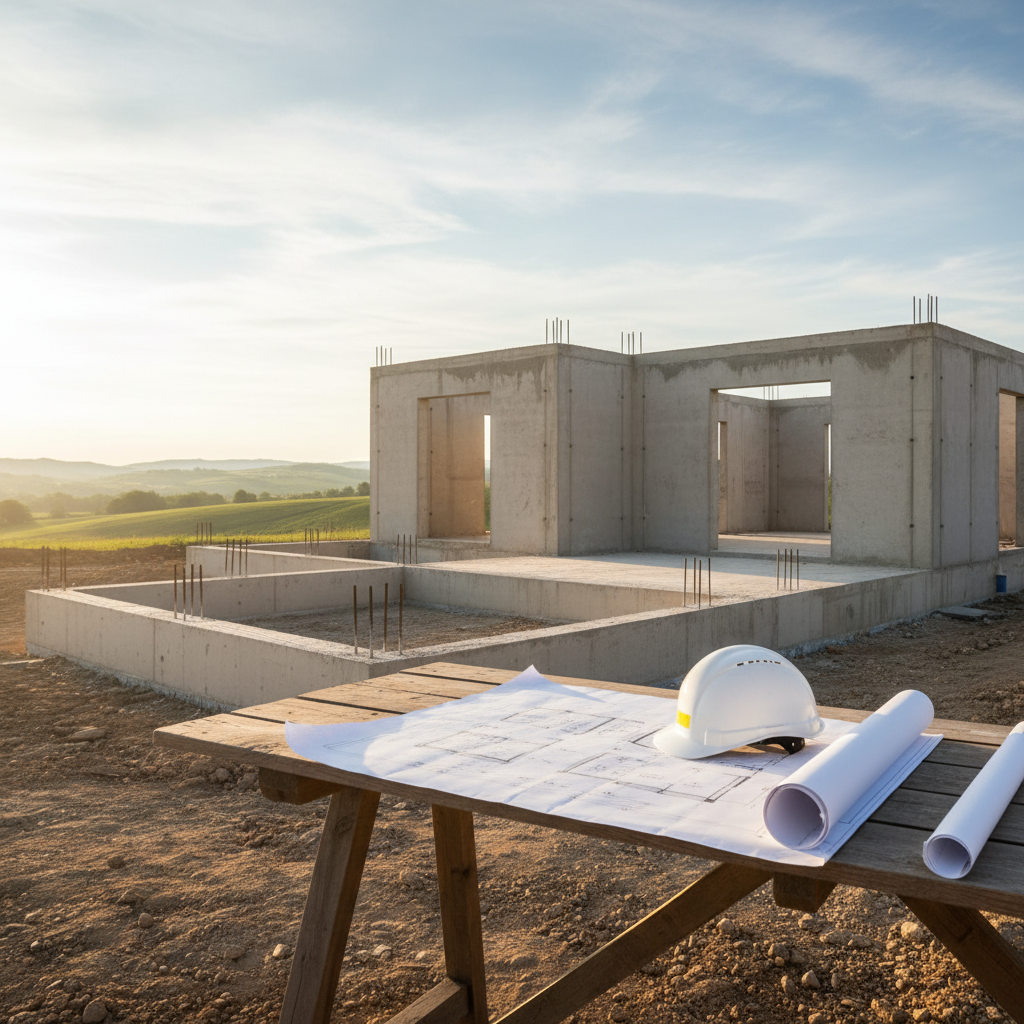 Nowoczesny, minimalistyczny dom jednorodzinny w stanie surowym otwartym. Na pierwszym planie, na drewnianym stole, leżą rozłożone plany architektoniczne i kask. W tle widać solidne, żelbetowe fundamenty i ściany. Scena jest skąpana w ciepłym świetle poranka, co symbolizuje nowy początek i solidne planowanie inwestycji.