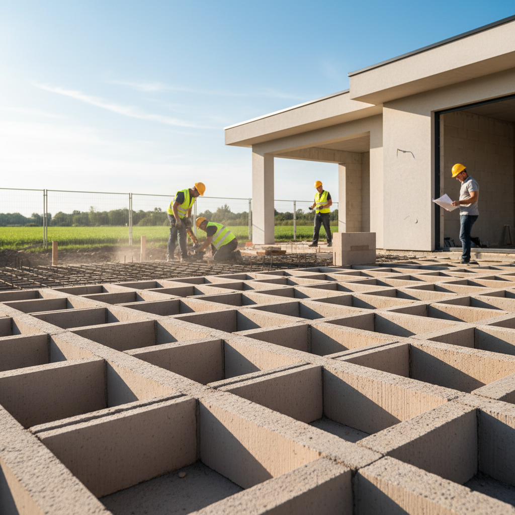 Jasne, słoneczne zdjęcie budowy domu jednorodzinnego w nowoczesnym stylu. Na pierwszym planie widoczny jest fragment nowo ułożonego stropu gęstożebrowego z belkami i pustakami, a w tle pracują budowlańcy. Całość ma pozytywny, optymistyczny wydźwięk, symbolizujący postęp prac i solidne fundamenty przyszłego domu.