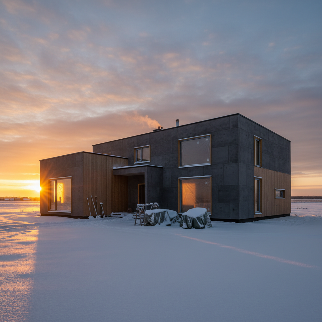 Nowoczesny dom jednorodzinny w stanie surowym zamkniętym, częściowo ośnieżony, o zachodzie słońca. Ciepłe światło wylewa się z jednego z okien, sugerując, że wewnątrz toczą się prace. Scena jest spokojna i budzi poczucie bezpieczeństwa oraz dobrze wykonanej pracy.