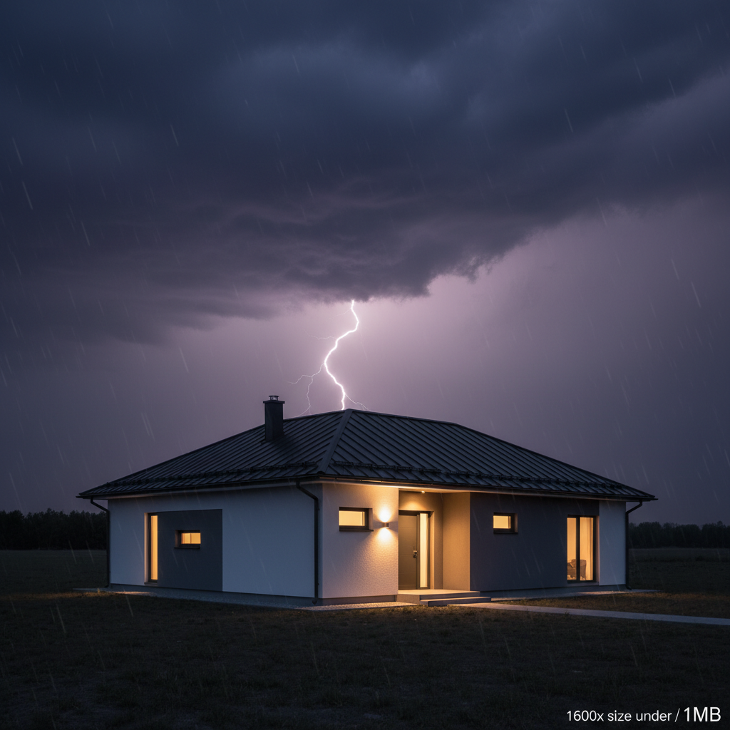Nowoczesny dom jednorodzinny o prostej bryle, z dachem z ciemnej blachodachówki. W tle widać dramatyczne, ciemne chmury burzowe i błyskawicę w oddali, ale sam dom jest dobrze oświetlony, co symbolizuje bezpieczeństwo i solidność. Ujęcie podkreśla odporność budynku na siły natury.