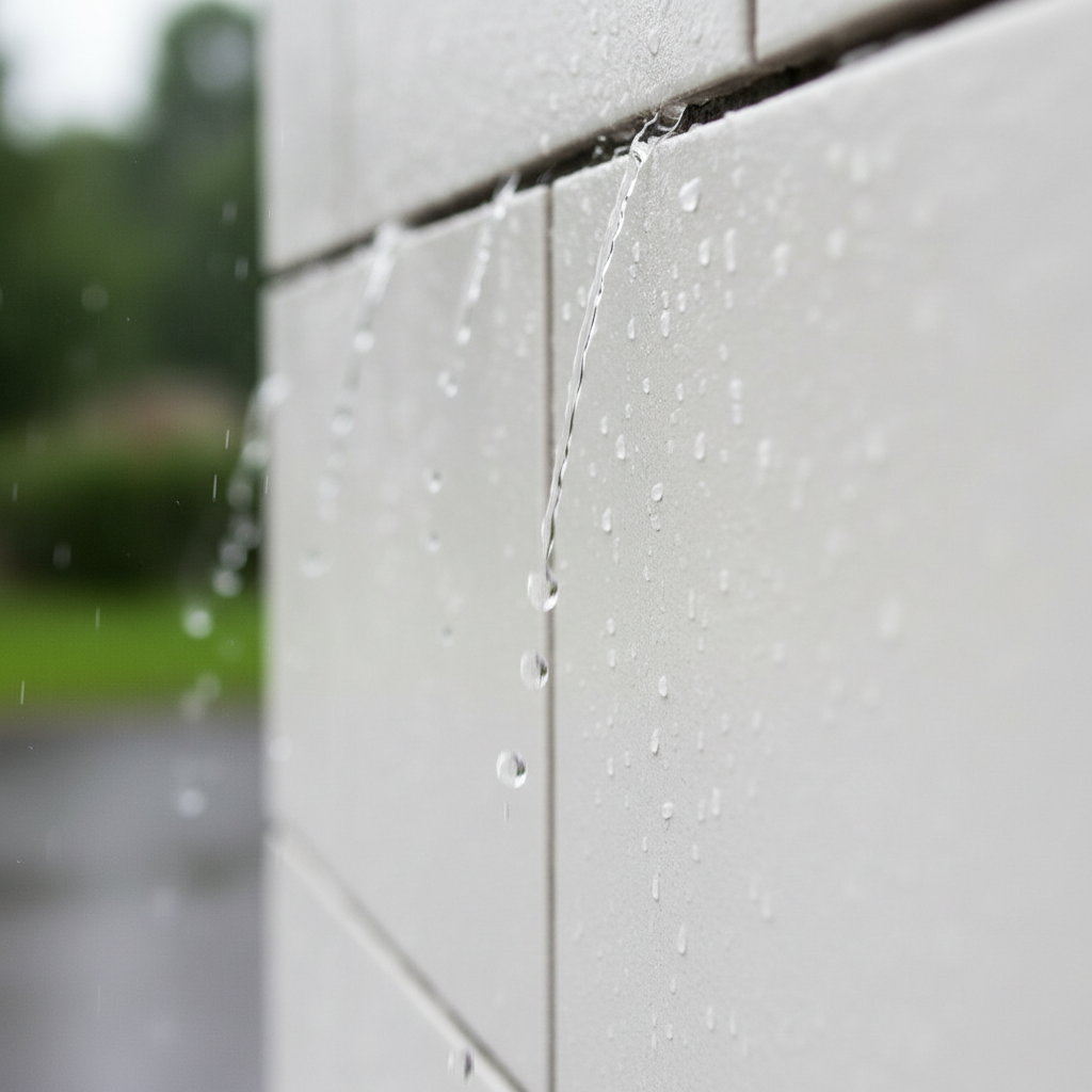 Zbliżenie na fragment białej elewacji z płytek silikatowych, po której spływają krople deszczu. Dzięki impregnacji woda tworzy na powierzchni wyraźne perły, nie wnikając w strukturę materiału. Tło jest delikatnie rozmyte, sugerując świeżość po letniej ulewie.