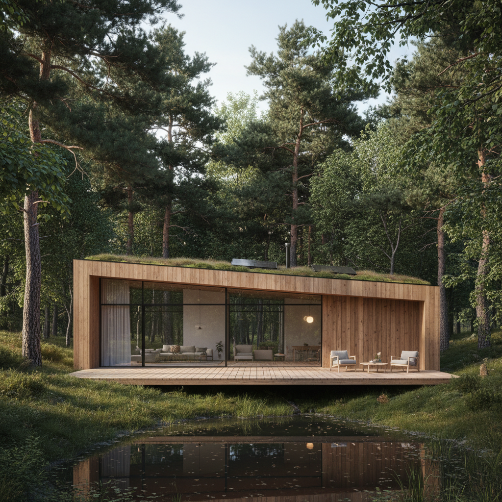 Wizualizacja nowoczesnego, ekologicznego domu o prostej, drewnianej bryle, harmonijnie wkomponowanego w leśne otoczenie, z dużymi przeszkleniami otwierającymi się na naturę.