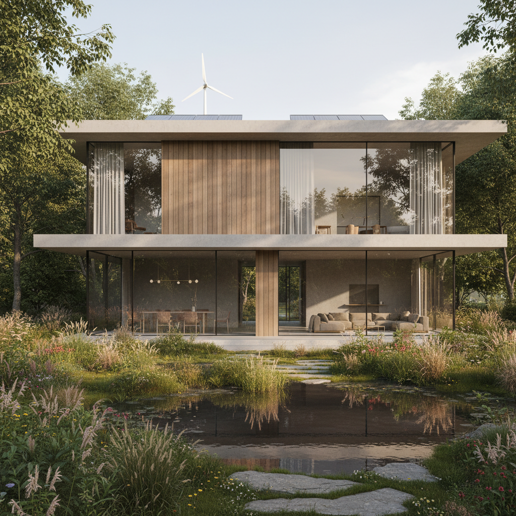 Nowoczesny, minimalistyczny dom z dużymi przeszkleniami, harmonijnie wkomponowany w bujny, zielony ogród. Słońce delikatnie oświetla scenę, podkreślając spokój i ekologiczny charakter otoczenia, co wizualnie nawiązuje do czerpania energii z natury.