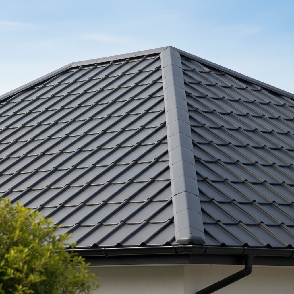Piękny, nowo wybudowany dom z dachem pokrytym nowoczesną blachodachówką w kolorze antracytowym, o matowym wykończeniu. Kadr pokazuje fragment dachu z bliska, podkreślając jego estetykę, czyste linie i jakość wykonania. W tle widać fragment błękitnego nieba i zieleni ogrodu, co tworzy obraz bezpieczeństwa i komfortu.