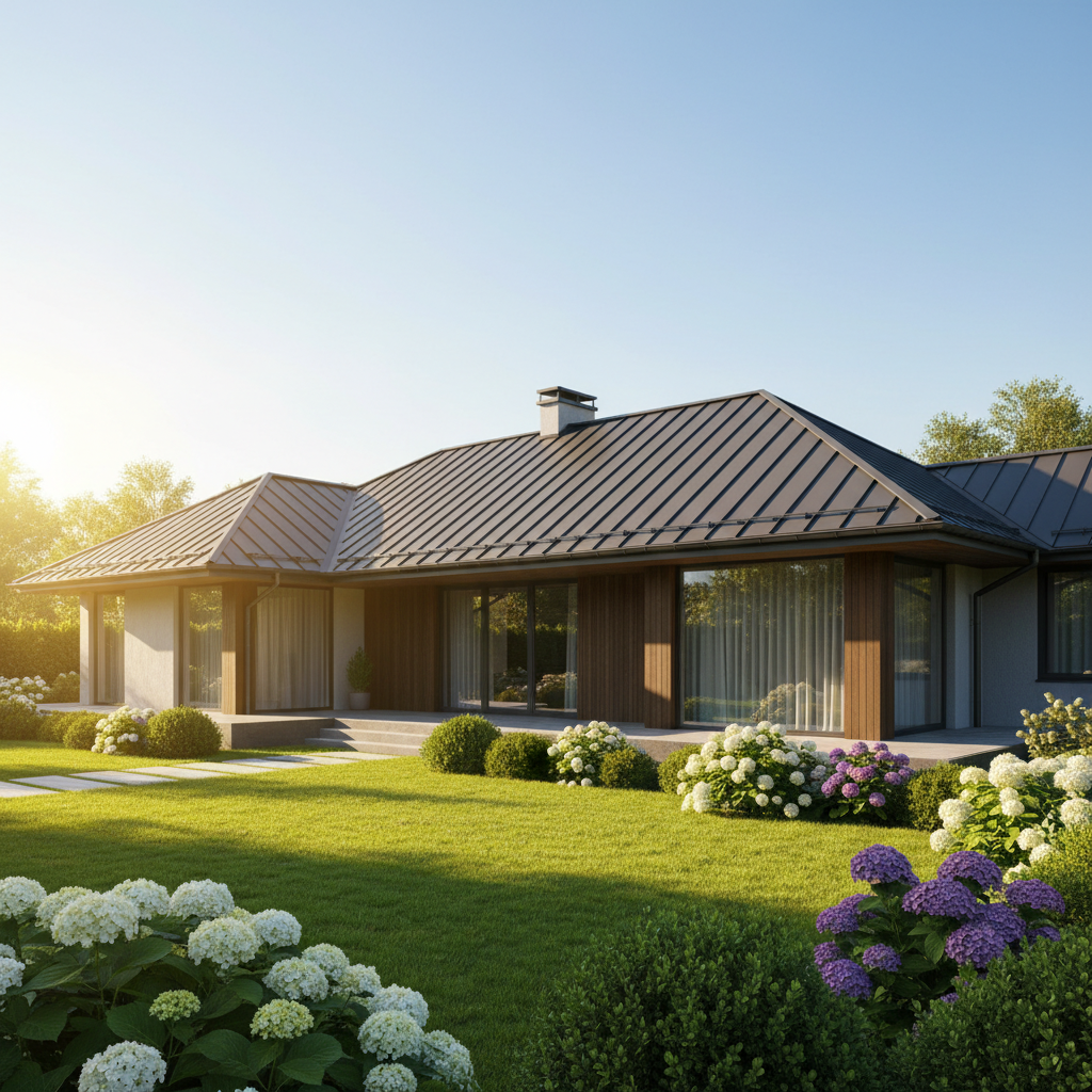Fotorealistyczny, szeroki kadr nowoczesnego domu jednorodzinnego z efektownym, wielospadowym dachem pokrytym antracytową blachodachówką. Budynek jest otoczony zadbanym ogrodem, a popołudniowe słońce rzuca na niego ciepłe światło, podkreślając elegancję i solidność konstrukcji.