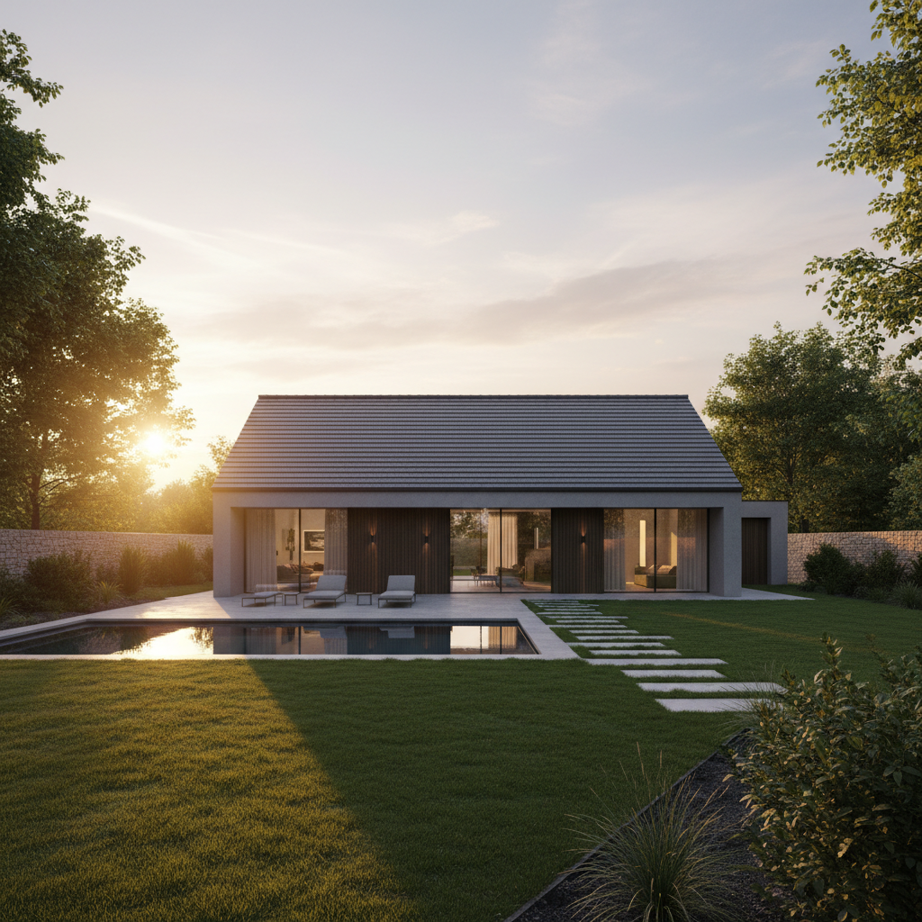 Piękny, nowoczesny dom jednorodzinny z dwuspadowym dachem pokrytym elegancką, ciemną dachówką, sfotografowany podczas złotej godziny, z ciepłym, zachodzącym słońcem oświetlającym elewację i ogród.