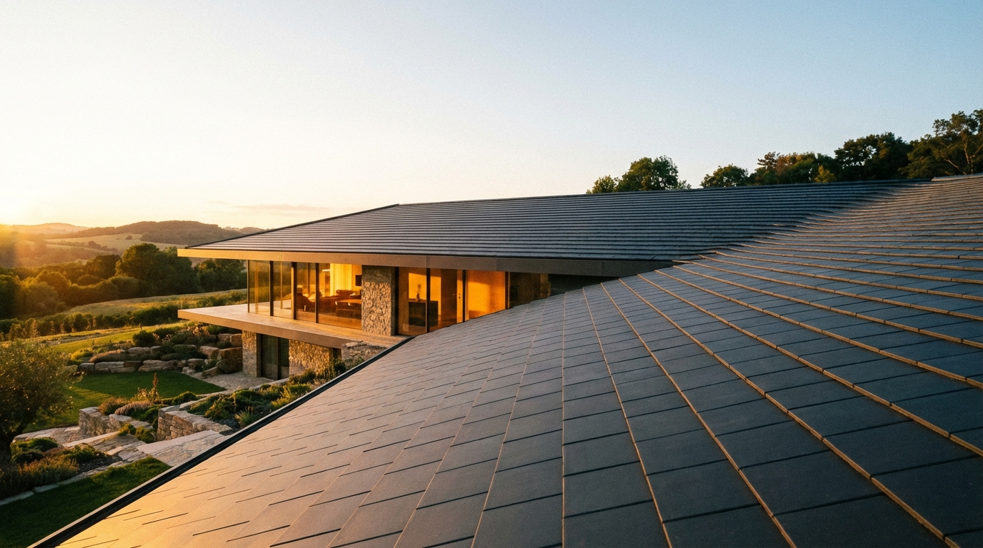 Inspirujące, szerokokątne ujęcie nowoczesnego domu jednorodzinnego o zachodzie słońca. Dach pokryty elegancką, płaską dachówką w kolorze antracytu stanowi dominujący element, który idealnie komponuje się z minimalistyczną bryłą budynku, dużymi przeszkleniami i ciepłym oświetleniem wnętrz.