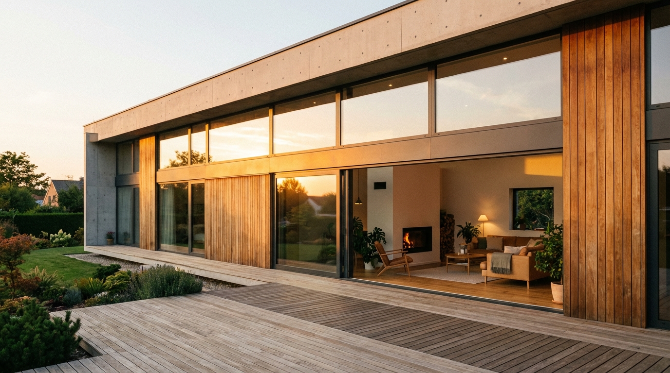 Nowoczesny, minimalistyczny dom jednorodzinny o zachodzie słońca, z dużymi, panoramicznymi oknami, przez które widać ciepłe, przytulne wnętrze. Elewacja z elementami drewna i betonu architektonicznego. Zdjęcie ma charakter inspirujący i aspiracyjny, podkreśla rolę okien w estetyce budynku.