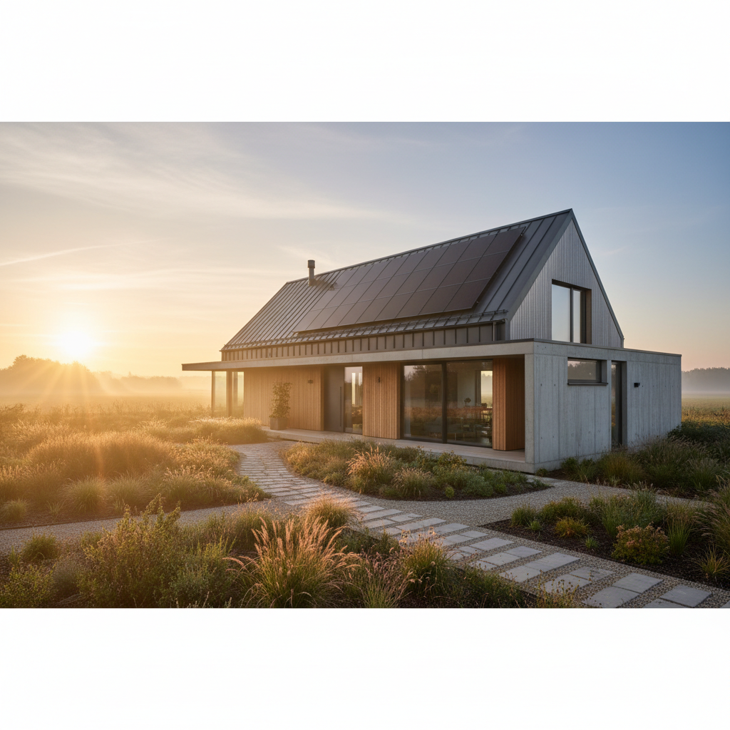 Nowoczesny dom jednorodzinny z ciemnym dachem w stylu stodoły, na którym zamontowane są eleganckie, czarne panele fotowoltaiczne. Dom otoczony jest zadbanym ogrodem, a scena skąpana jest w ciepłym świetle wschodzącego słońca, tworząc poczucie spokoju i nowoczesnej ekologii. Styl fotorealistyczny, cinematic lighting.