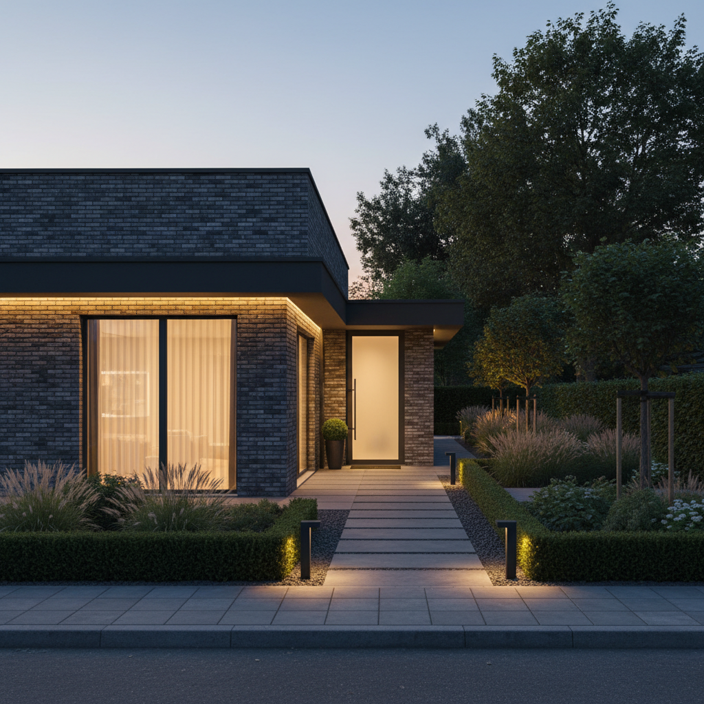 Nowoczesny dom jednorodzinny z elewacją wykonaną z eleganckiej, ciemnoszarej cegły klinkierowej. Ciepłe, wieczorne oświetlenie podkreśla fakturę muru. W tle zadbany ogród. Styl fotorealistyczny, ujęcie z perspektywy przechodnia.