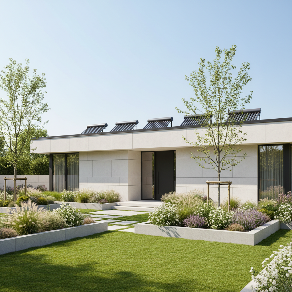 Nowoczesny dom jednorodzinny z minimalistyczną elewacją i dachem, na którym widać estetycznie zamontowaną instalację kolektorów próżniowych, otoczony zadbanym ogrodem w słoneczny dzień.