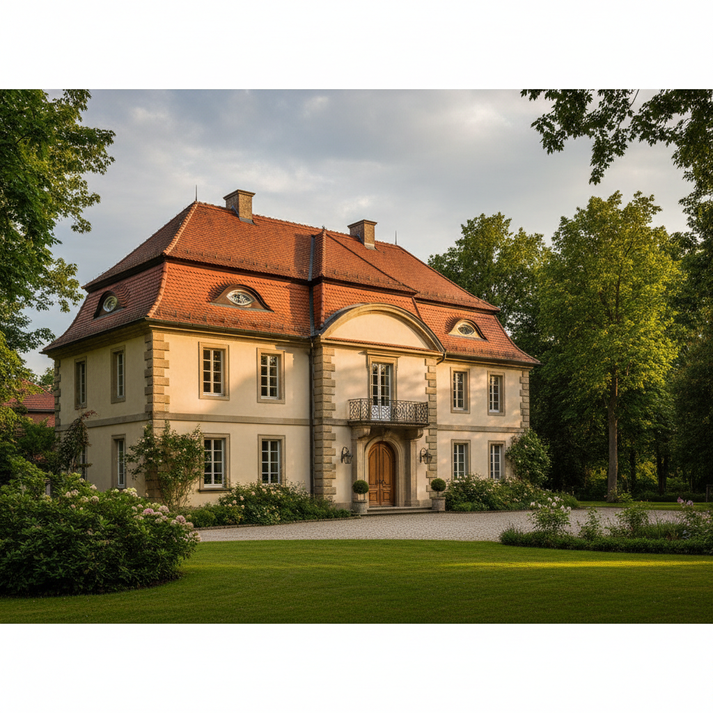 Piękny, klasyczny dom z dachem wielospadowym pokrytym czerwoną dachówką ceramiczną. W dachu widoczne są estetycznie wykonane lukarny typu „wole oko”, które dodają budynkowi uroku i elegancji.