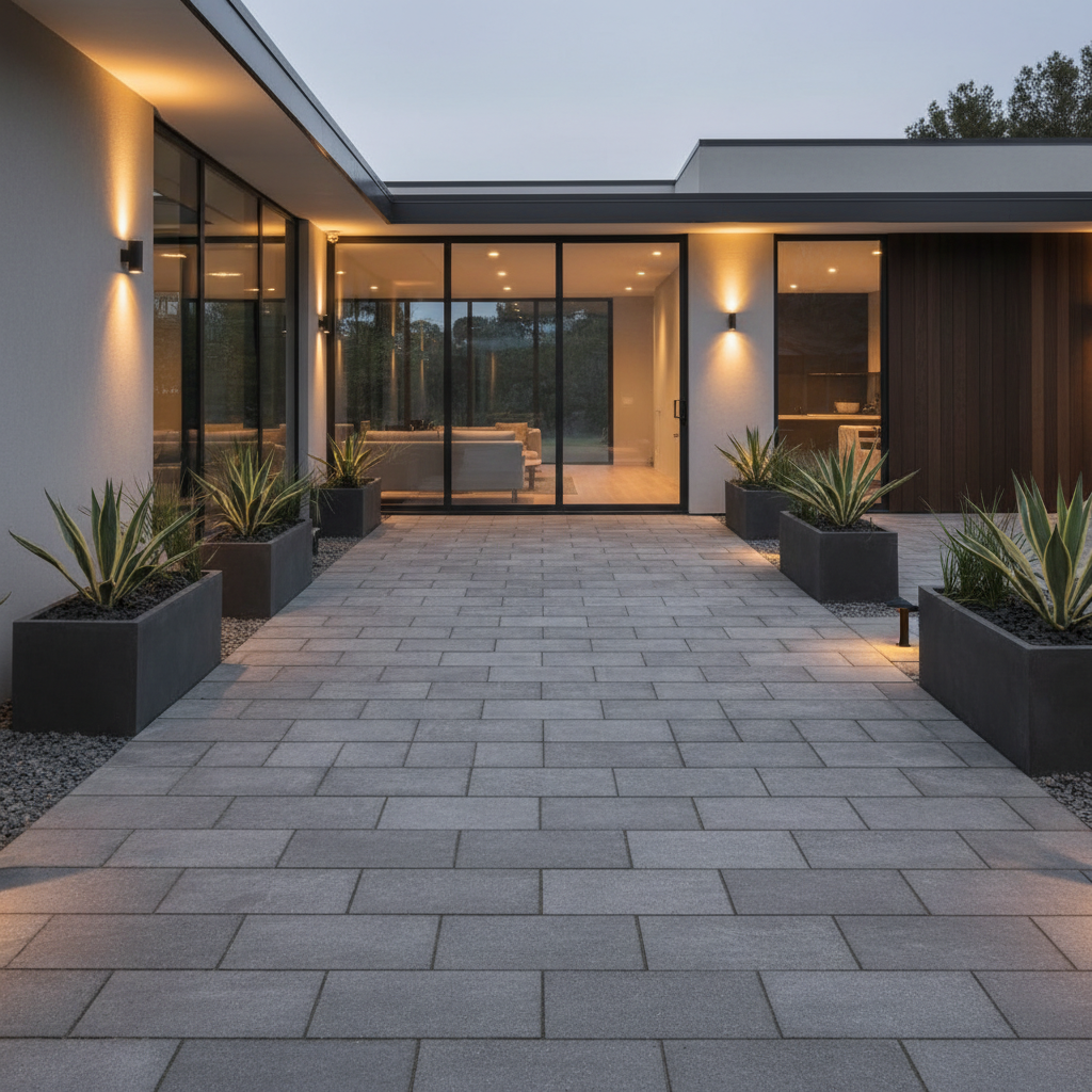 Elegancka, szara kostka brukowa idealnie dopasowana do nowoczesnej elewacji domu z dużymi oknami. Ciepłe oświetlenie zewnętrzne podkreśla fakturę nawierzchni i harmonię kompozycji.