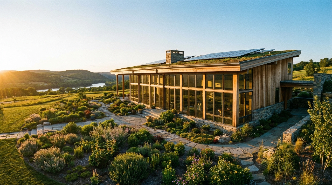 Panoramiczny widok na nowoczesny, energooszczędny dom z dużymi przeszkleniami, otoczony zadbanym ogrodem. Słońce wschodzi lub zachodzi, rzucając długie, ciepłe cienie, co podkreśla idealne usytuowanie budynku względem stron świata. Architektura jest prosta, ale elegancka, z wykorzystaniem naturalnych materiałów jak drewno i kamień.