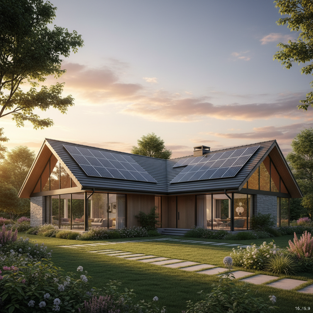 Elegancki, nowoczesny dom jednorodzinny o prostej bryle z dużymi przeszkleniami. Na ciemnym, spadzistym dachu zamontowane są zintegrowane panele fotowoltaiczne, które stanowią estetyczny element architektury. Dom otoczony jest zadbanym ogrodem, a całość skąpana jest w ciepłym świetle zachodzącego słońca, co podkreśla harmonię z naturą i ekologiczny charakter budynku.