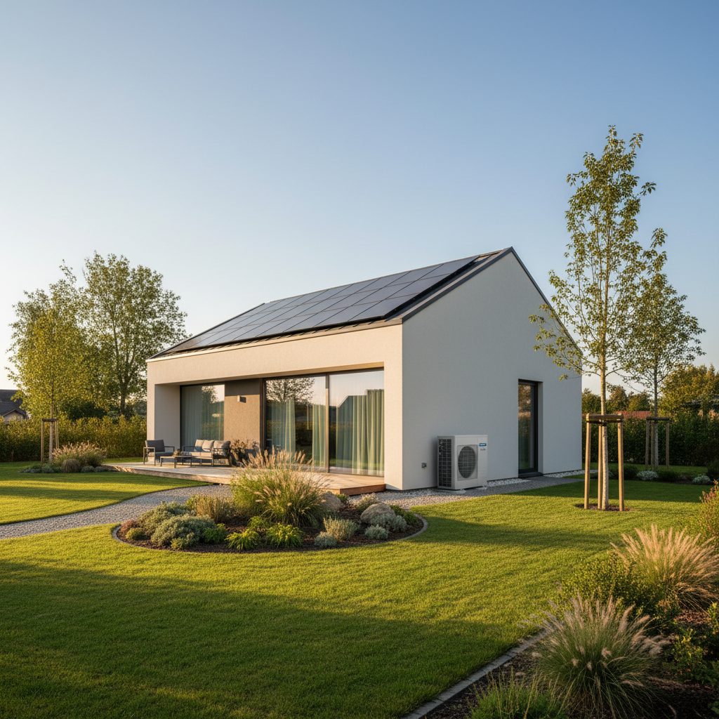 Nowoczesny dom jednorodzinny o prostej bryle, skąpany w słońcu wczesnego popołudnia. Na dachu widoczne są estetycznie zintegrowane, ciemne panele kolektorów słonecznych. Obok domu, dyskretnie umieszczona, nowoczesna jednostka zewnętrzna powietrznej pompy ciepła. Całość otoczona jest zadbanym ogrodem, co tworzy obraz ekologicznego, komfortowego i nowoczesnego stylu życia.