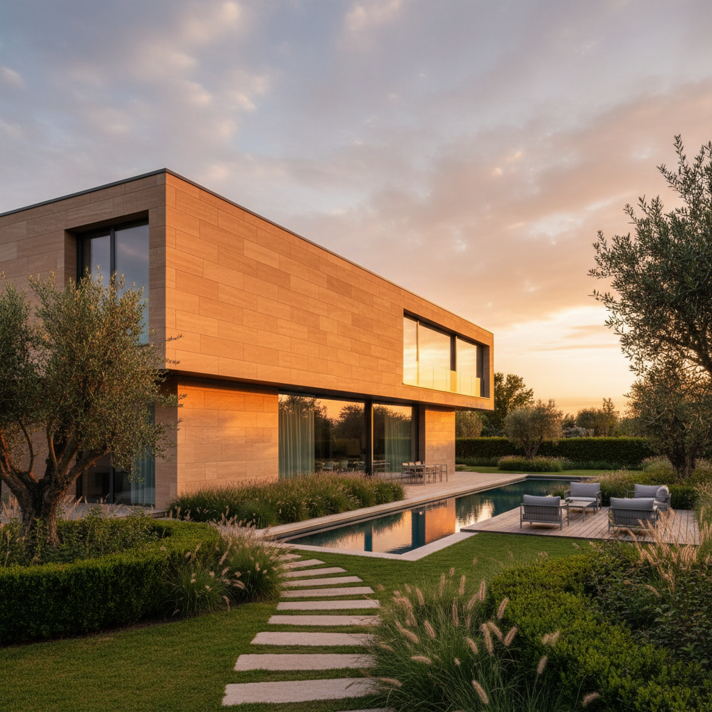 Nowoczesna, minimalistyczna bryła domu z dużą częścią elewacji pokrytą panelami z piaskowca o ciepłym, miodowym odcieniu. Słońce zachodzi, rzucając złote światło na budynek, który otoczony jest zadbanym, zielonym ogrodem. Zdjęcie w stylu fotorealistycznym, jak z magazynu o architekturze.