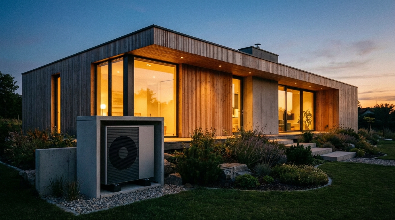 Nowoczesny, minimalistyczny dom jednorodzinny o zmierzchu, z ciepłym światłem bijącym z okien. Z boku domu, estetycznie wkomponowana w otoczenie ogrodu, widoczna jest nowoczesna, cicha jednostka zewnętrzna powietrznej pompy ciepła. Całość tworzy obraz komfortu, ekologii i nowoczesności.