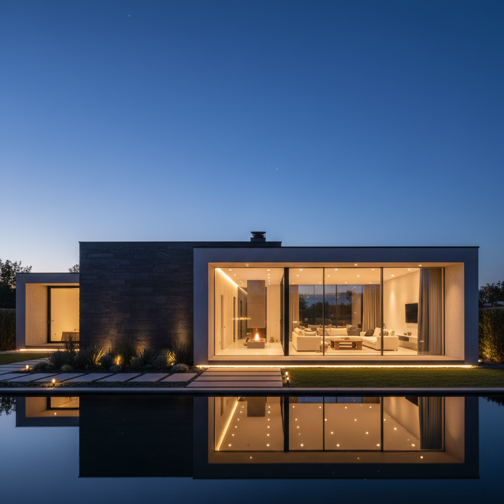 Nowoczesny, minimalistyczny dom jednorodzinny o zmierzchu, z dużymi, panoramicznymi oknami, przez które widać ciepłe, jasno oświetlone wnętrze. Dom otoczony jest zadbanym ogrodem, a niebo ma głęboki, granatowy kolor, co tworzy kontrast i podkreśla przytulność oraz bezpieczeństwo emanujące z budynku.