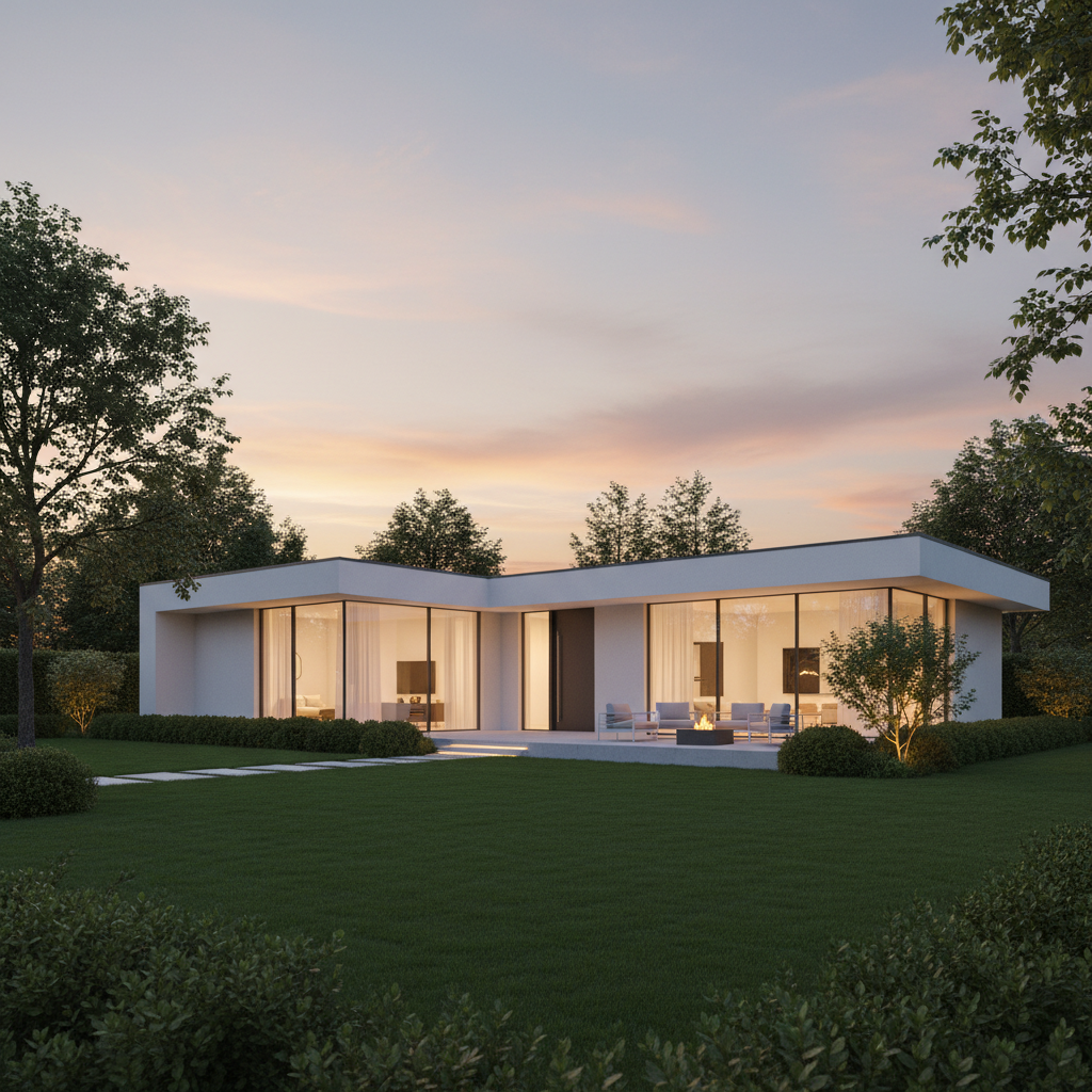 Fotorealistyczny obraz nowoczesnego domu jednorodzinnego w stylu minimalistycznym, z dużymi przeszkleniami i płaskim dachem. Ściany zewnętrzne są wykończone na biało, subtelnie ukazując równą i gładką fakturę. Dom otoczony jest zadbanym ogrodem, a ciepłe światło z wnętrza sugeruje komfort i przytulność. Ujęcie o zachodzie słońca, podkreślające elegancję i solidność konstrukcji.