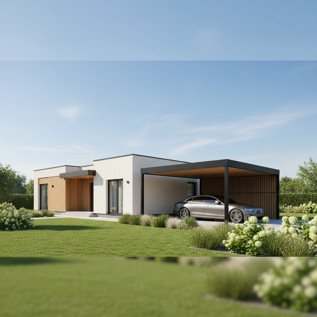 Nowoczesny dom jednorodzinny z jasną elewacją i drewnianymi elementami, do którego przylega minimalistyczna, czarna wiata garażowa. Pod wiatą stoi nowoczesny samochód. W tle widać zadbany ogród i błękitne niebo.