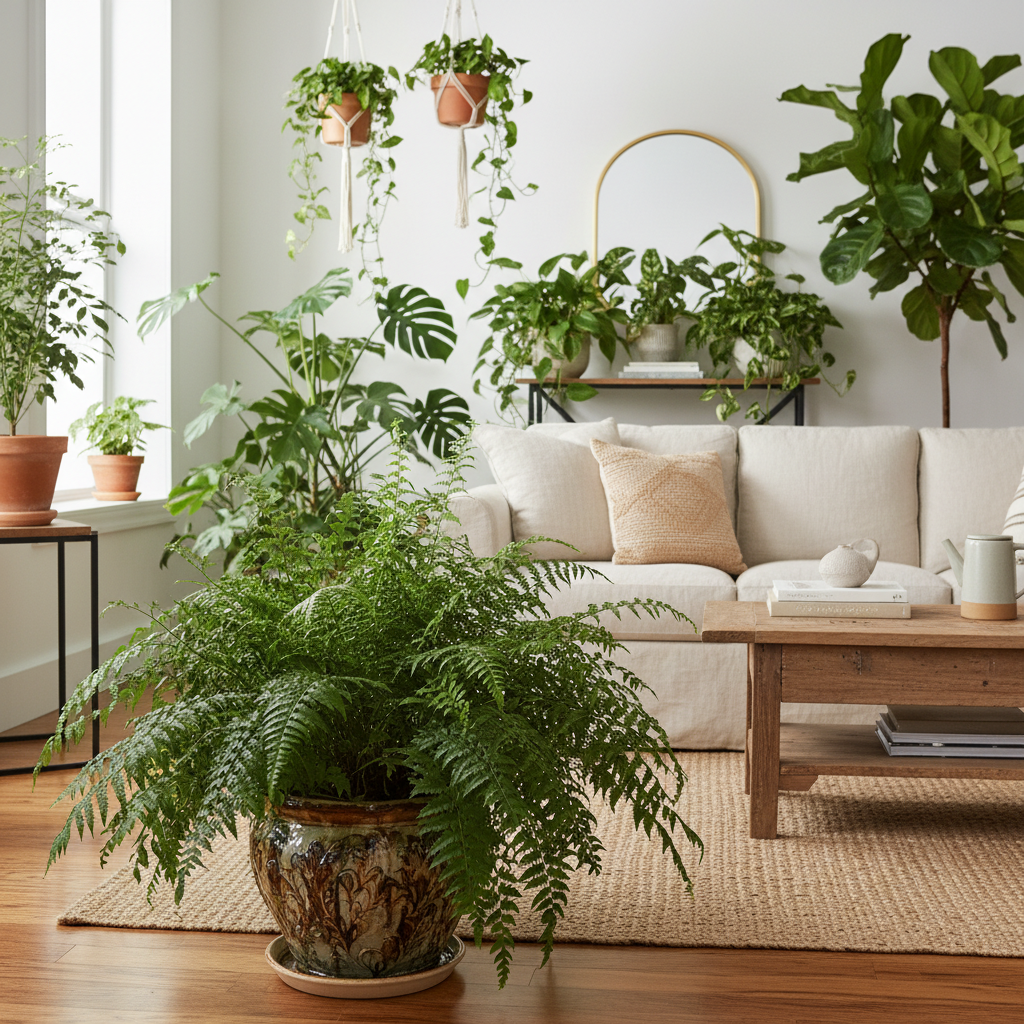 Stylowy, jasny salon z dużą, rozłożystą paprocią nefrolepis w ozdobnej donicy na pierwszym planie. W tle widać inne rośliny doniczkowe, tworzące efekt miejskiej dżungli. Wnętrze jest przytulne, z elementami drewna i naturalnych tkanin.