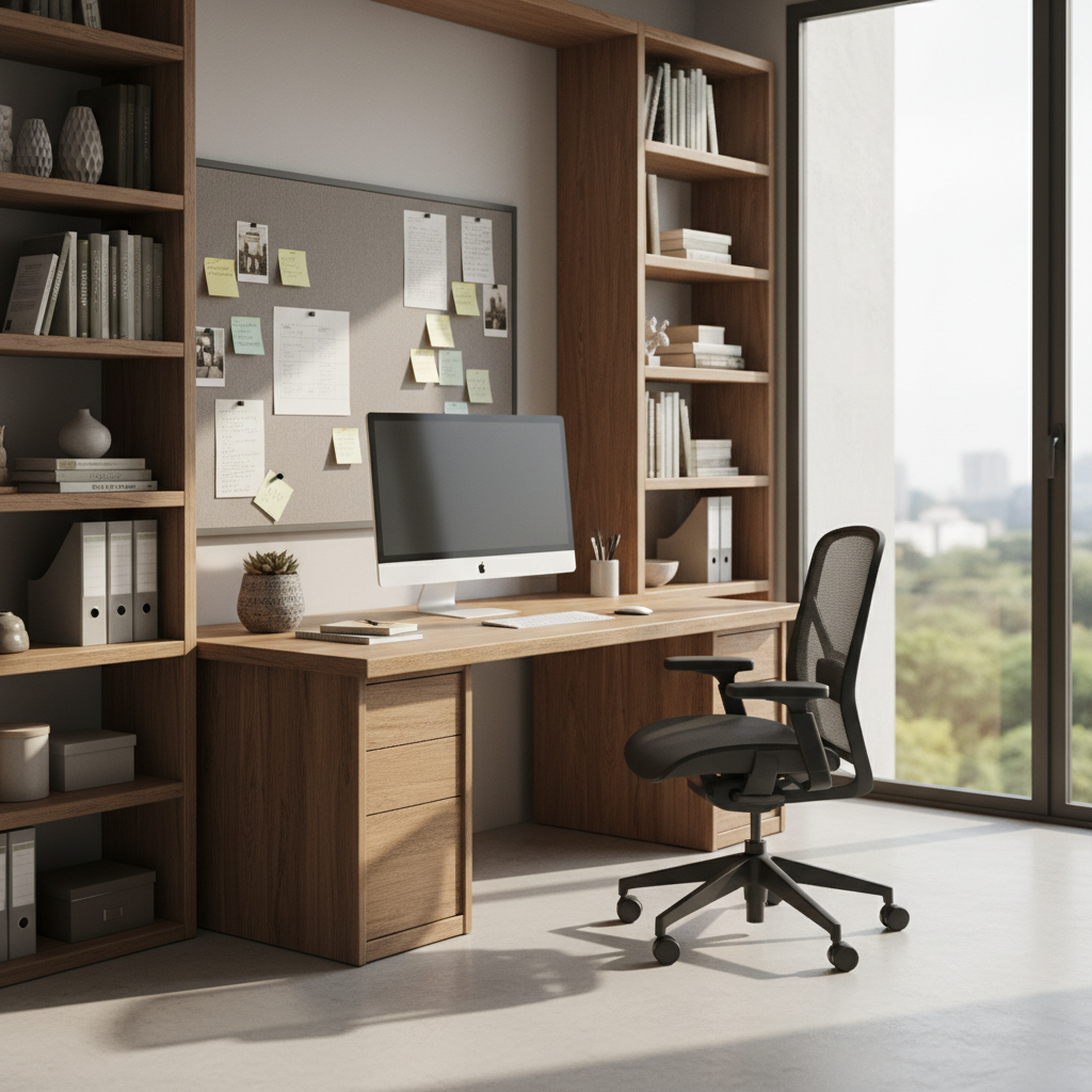 Nowoczesne i dobrze zorganizowane domowe biuro z dużym, drewnianym biurkiem, ergonomicznym krzesłem i regałami na książki. Przez duże okno wpada naturalne światło, oświetlając przestrzeń. Na ścianie wisi tablica korkowa z notatkami. Panuje tu atmosfera skupienia i kreatywności.