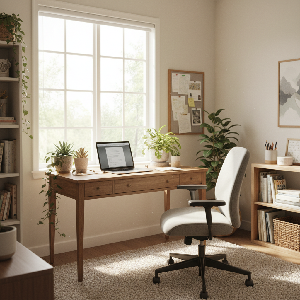 Jasne, przytulne domowe biuro z dużym oknem wychodzącym na południe, przez które wpada obfite światło słoneczne. Na drewnianym biurku stoi laptop i kilka roślin doniczkowych. Wnętrze jest ciepłe i inspirujące, idealne do pracy i kreatywności.