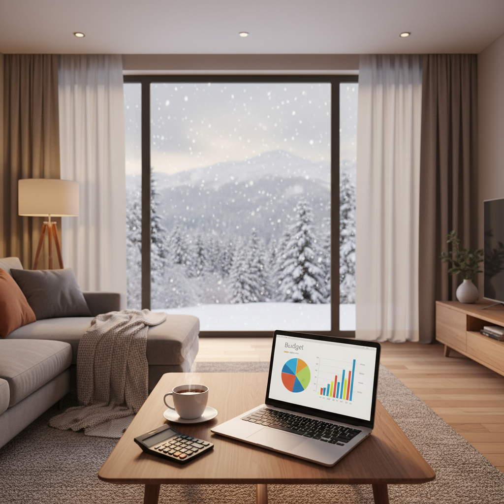 Przytulny, nowocześnie urządzony salon w zimowej scenerii. Na pierwszym planie na stoliku kawowym leży otwarty laptop z wykresem budżetowym, obok niego kalkulator i kubek gorącej herbaty. Za oknem widać padający śnieg i ośnieżone drzewa. Całość utrzymana w ciepłej, spokojnej kolorystyce, sugerującej kontrolę i komfort pomimo zimowej aury.