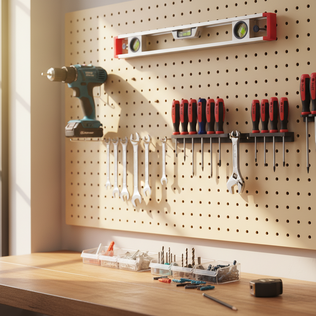 Jasne, dobrze zorganizowane stanowisko pracy w domowym warsztacie lub garażu. Na ścianie wiszą starannie ułożone narzędzia, w tym wiertarka, poziomica i różne śrubokręty. Na drewnianym blacie leży kilka rodzajów kołków i wierteł. Całość utrzymana w estetycznej, inspirującej stylistyce, zachęcającej do majsterkowania. Światło jest ciepłe i naturalne.