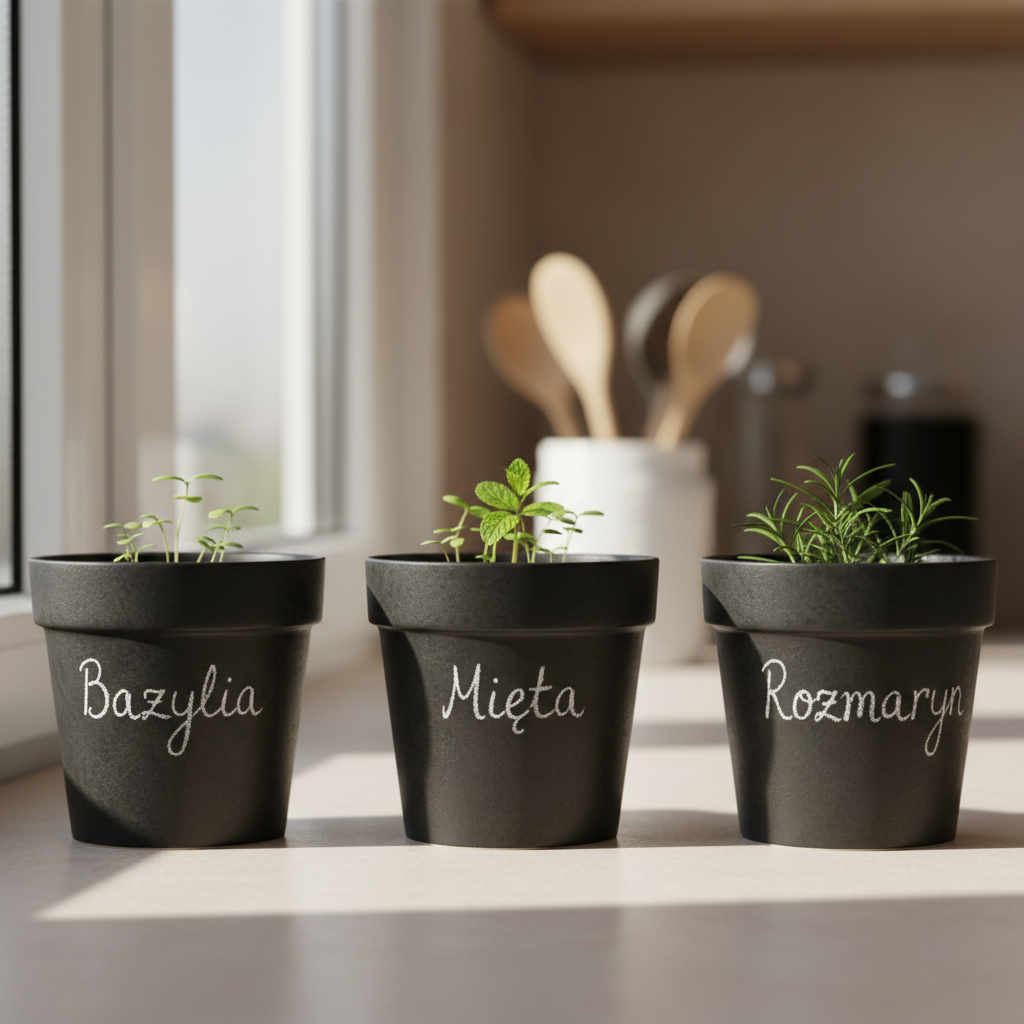 Zbliżenie na parapet w słonecznej kuchni. Stoją na nim trzy ceramiczne doniczki pomalowane czarną farbą tablicową. Na każdej z nich starannym, odręcznym pismem kredowym wypisano nazwy ziół: "Bazylia", "Mięta", "Rozmaryn". Tło jest lekko rozmyte, co podkreśla detal i fakturę doniczek.