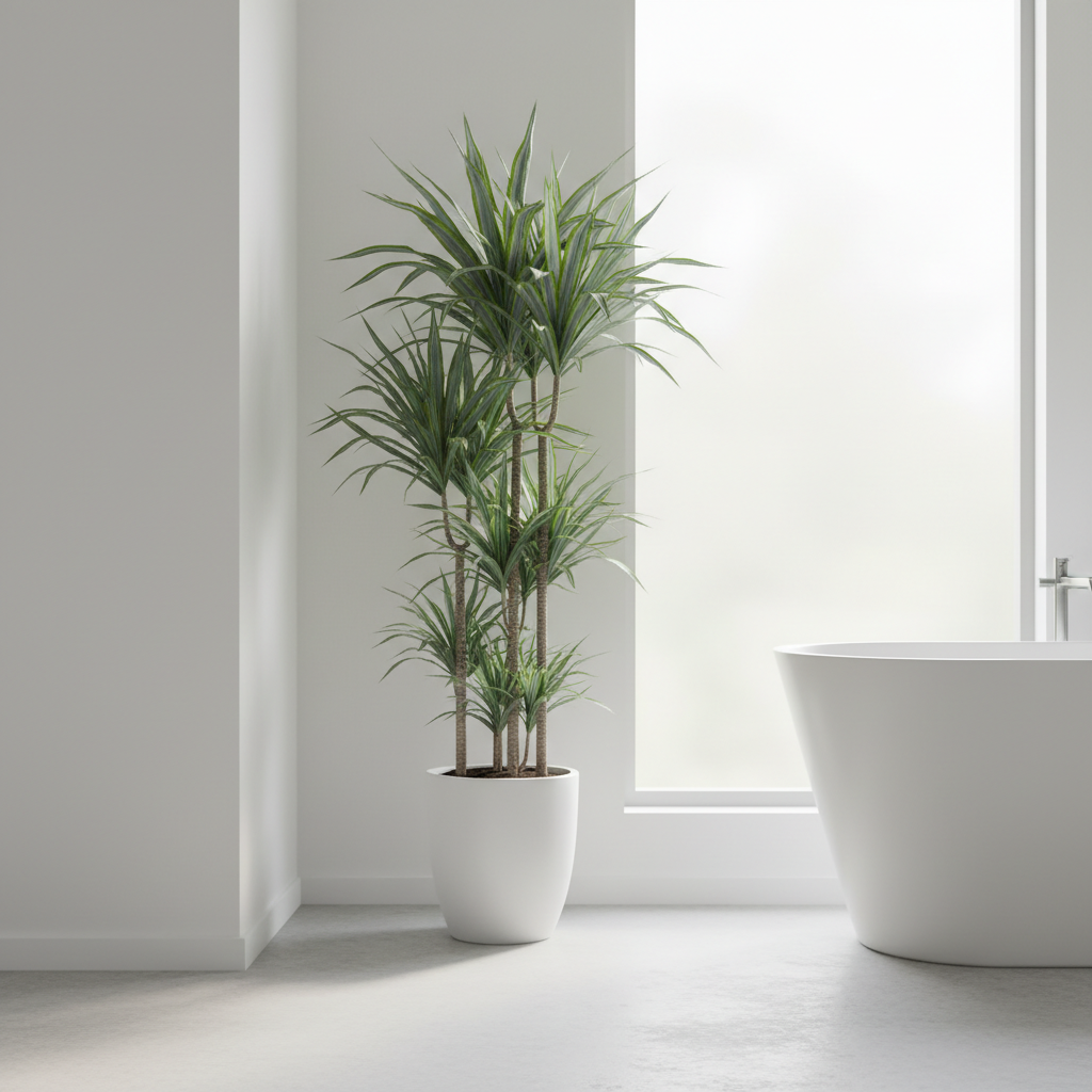 Wysoka, smukła dracena w białej, minimalistycznej donicy stoi na podłodze w rogu jasnej, przestronnej łazienki. Przez duże, matowe okno wpada rozproszone światło, które pięknie podkreśla strukturę jej długich, zielonych liści. W tle widać fragment wolnostojącej wanny i jasnoszarą podłogę.