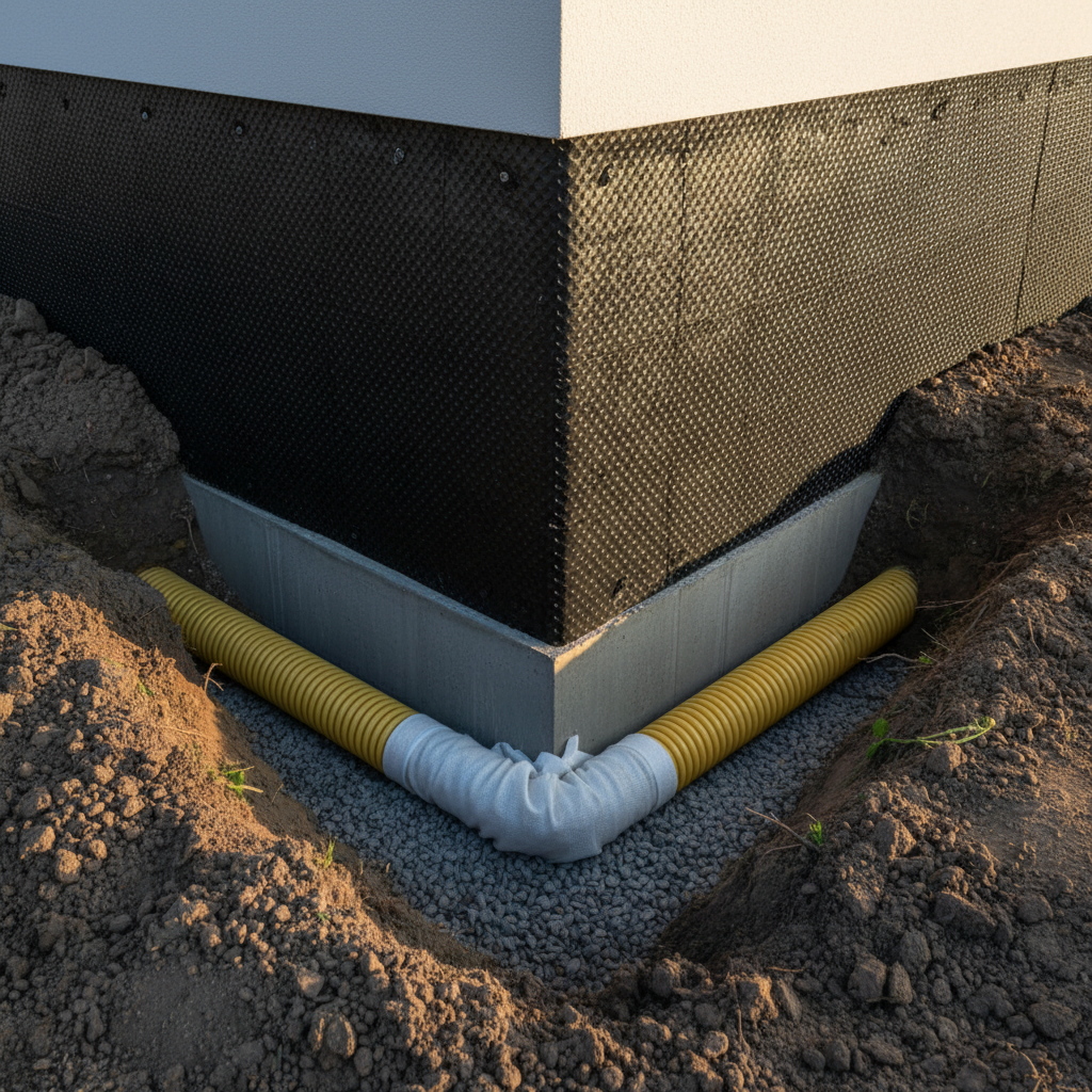 Zbliżenie na narożnik fundamentu domu. Widoczna jest czarna masa hydroizolacyjna (izolacja pionowa) oraz przymocowana do niej folia kubełkowa. W wykopie obok leży żółta rura drenażowa w otulinie z geowłókniny.