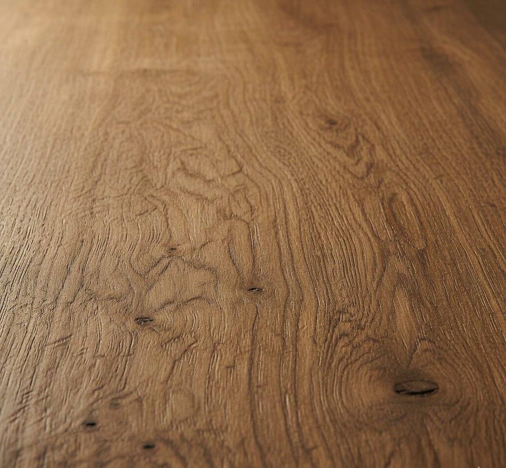 Makro ujęcie na postarzaną, szczotkowaną deskę dębową z kolekcji Jean Marc Artisan. Widoczne słoje, sęki i subtelne nierówności. Światło pada z boku, podkreślając fakturę drewna. Ciepła, naturalna paleta barw.