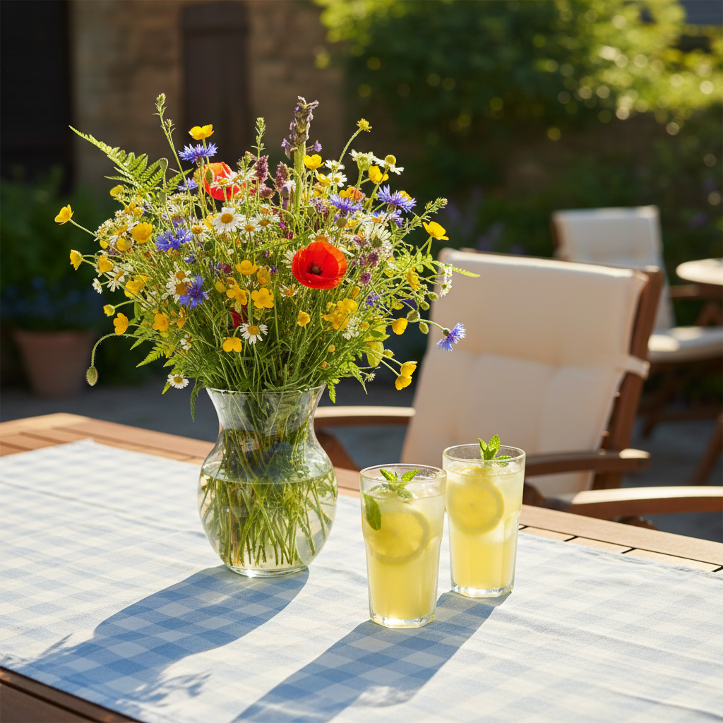 Drewniany stół ogrodowy nakryty błękitnym obrusem w delikatną kratę. Na stole stoi szklany wazon z bukietem polnych kwiatów oraz dwie szklanki z lemoniadą. W tle widać wygodne drewniane krzesła z jasnymi poduszkami. Całość w słonecznym, letnim klimacie.