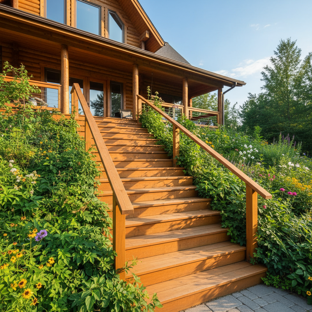 Eleganckie, szerokie schody z naturalnego, ciepłego drewna prowadzące na werandę nowoczesnego domu z bali, otoczonego bujną zielenią ogrodu w letni, słoneczny dzień.