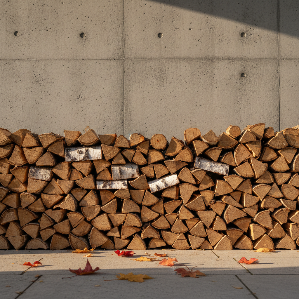 Estetycznie ułożony stos drewna opałowego przy ścianie nowoczesnego domu. Drewno jest pocięte na równe szczapy, widać przekroje dębu i brzozy. Sceneria jest jesienna, z kilkoma opadłymi liśćmi na ziemi. Ciepłe, popołudniowe słońce oświetla scenę, tworząc przytulną i uporządkowaną atmosferę.