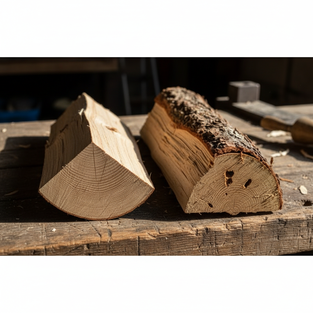 Zbliżenie na dwa rodzaje szczap drewna leżące obok siebie na drewnianym stole warsztatowym. Po lewej stronie gładka, jasna szczapa buka, a po prawej chropowata, żywiczna szczapa sosny. Światło pada z boku, podkreślając różnicę w fakturze i kolorze obu gatunków drewna.