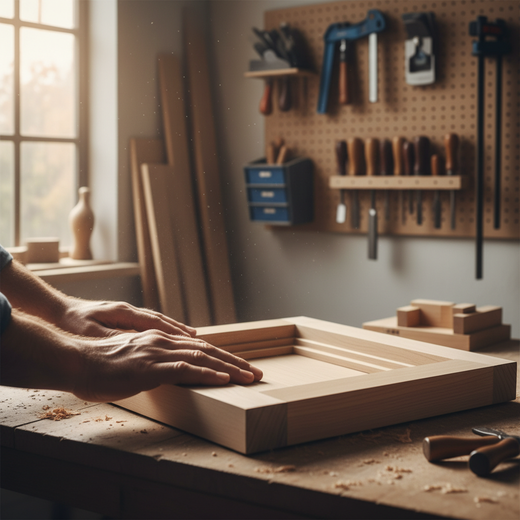 Zbliżenie na dłonie rzemieślnika, który gładzi dłonią idealnie oszlifowaną powierzchnię drewnianego ramiaka okiennego w jasnym, dobrze zorganizowanym warsztacie stolarskim. W tle widać inne elementy drewniane i narzędzia.