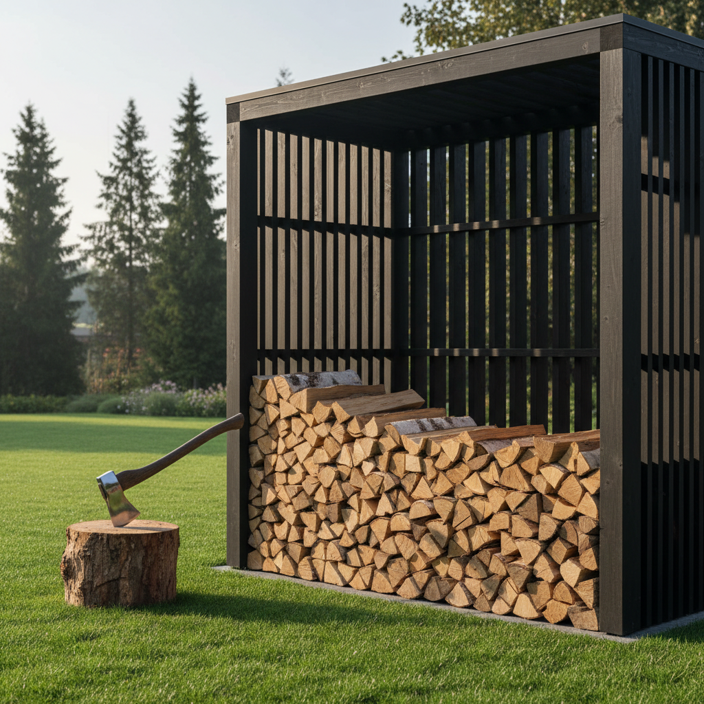 Nowoczesna, minimalistyczna drewutnia z ażurowymi ściankami, wykonana z ciemnego drewna, wypełniona równo ułożonymi szczapami drewna brzozowego i dębowego. Obok stoi nowa, lśniąca siekiera oparta o pień. Tło stanowi zadbany ogród z zielonym trawnikiem i kilkoma drzewami iglastymi w oddali. Światło jest miękkie, poranne.